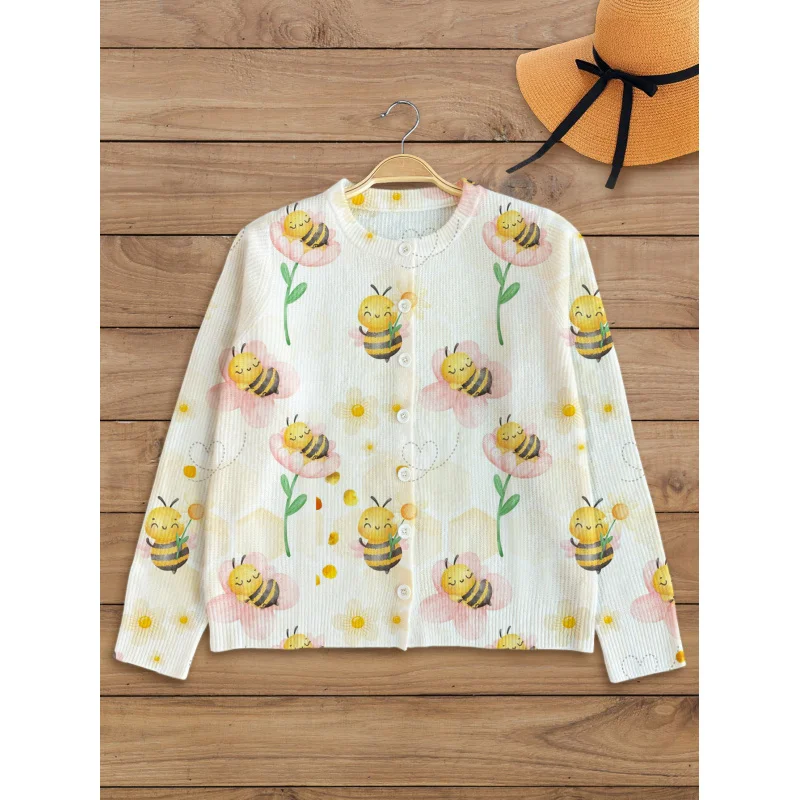 

Милый милый женский свитер с цифровым принтом пчелы, вязаный кардиган, утолщенный свободный кардиган с круглым вырезом и длинными рукавами на пуговицах, осень-зима