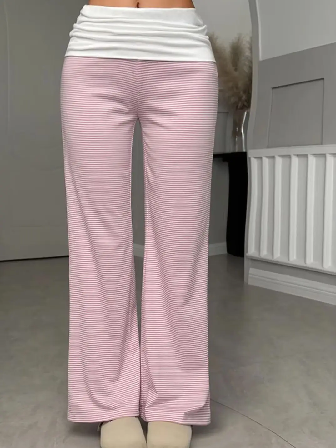 Women Striped Casual Long Pants 2026 Autumn Winter Mid Rise Elastic Waist Versatile Trousers Fashion Color Block Chic Ins Pants