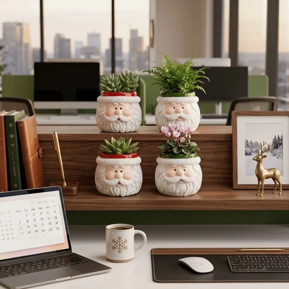 Cartoon Santa Claus Flower Pot Resin Holiday Christmas Ornaments Pencil Holder Storage Tabletop Plant Planter Home
