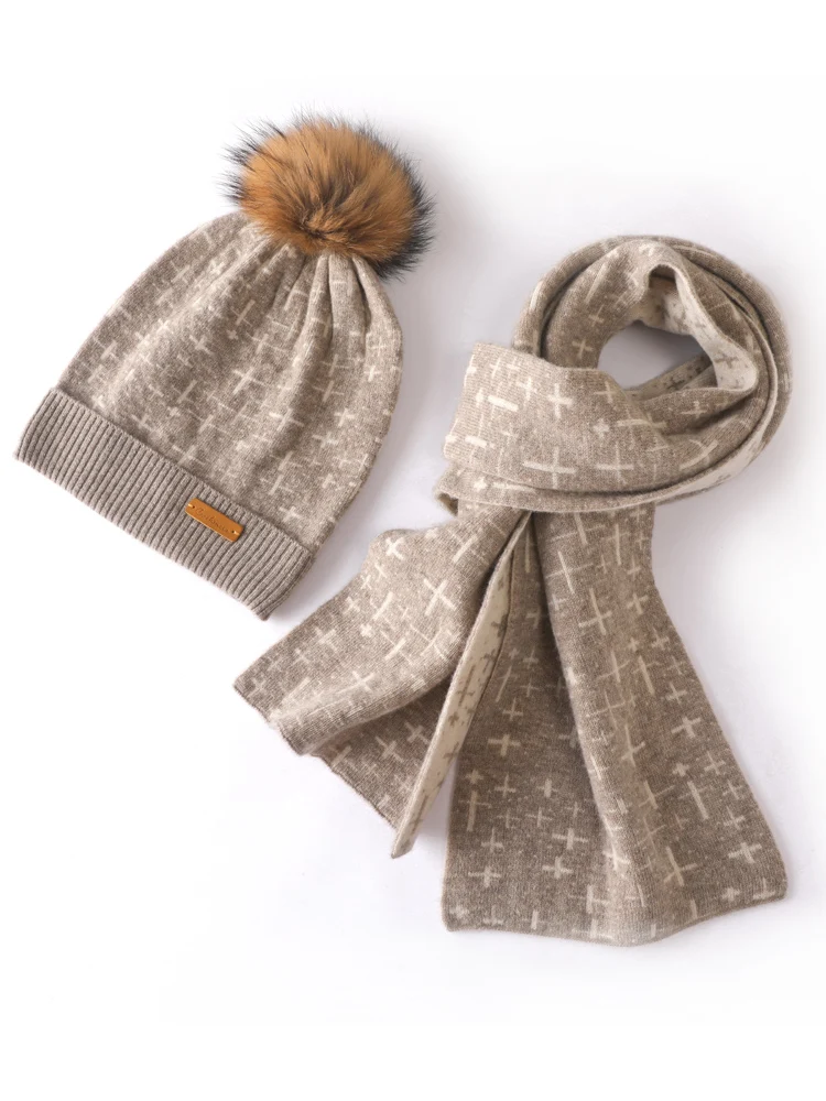 TLOML Autumn Winter Chic Women‘s 100% Merino Wool Knit Jacquard Hat Scarf Suit Warm Soft Casual Style Cashmere Hat  Scarf Suit