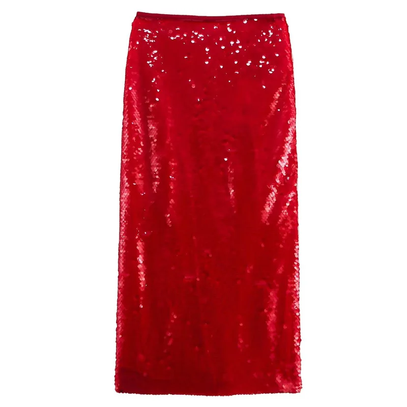 TRAF Sequin Dance Skirt Woman 2024 Women's Skirt Midi Coquette Red Skirt Sexy Shiny High Waist Skirts Elegant Christmas Skirts