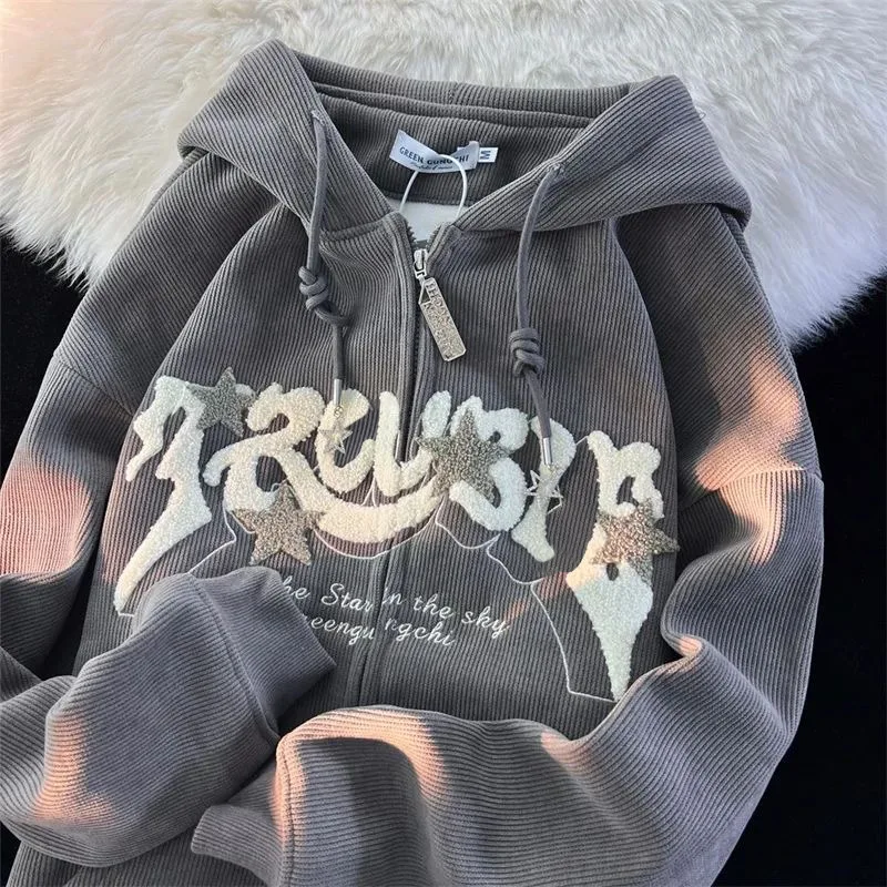 Corduroy Hooded Shirt Women Autumn Long Sleeve Zipper Tops Casual Harajuku Streetwear Y2K Hoodies Female Sweatshirt Loose Coat