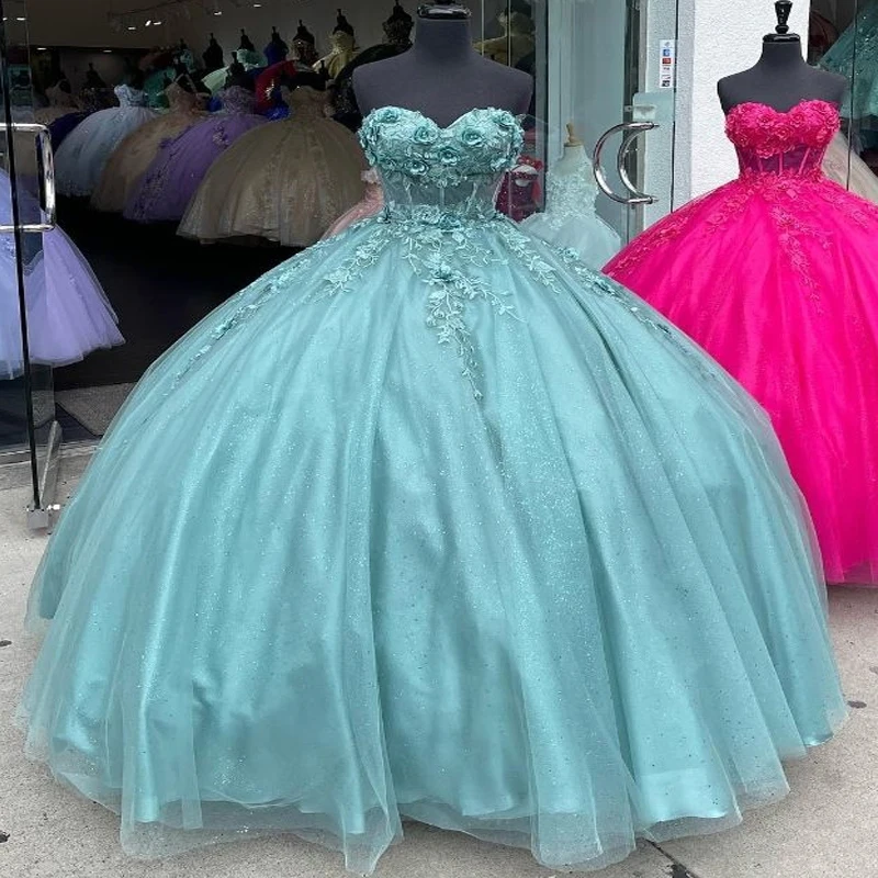 

Блестящие светло-мятно-зеленые платья Quinceanera, бальное платье, милое платье с открытыми плечами и аппликацией Wer Tull Sweet 16, платье на шнуровке, Vestidos