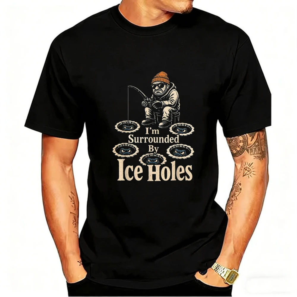 I'm Surrounded By Ice Holes Funny Ice Fishing T-Shirt Men Graphic Tee Short Sleeve O-Neck Orange Hat Sunglasses Bottle Cap Fish