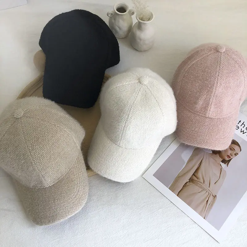 Fashion White Cap Autumn Winter Solid Color Baseball Cap Women Cony Hair Women Visor Hat Warm Cap Plush Baseball Caps Casquette