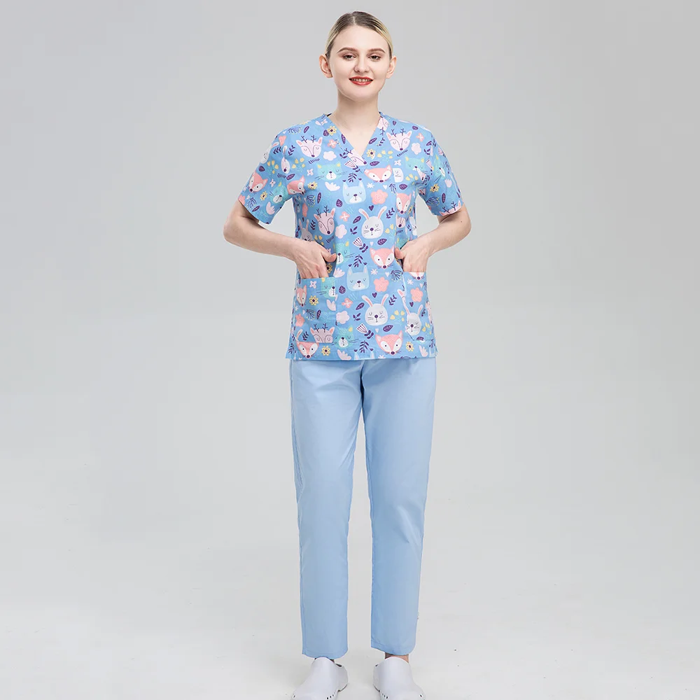 Hot Sales Elastic Nurse Uniform Women Short Sleeve Neck Tops Working Uniform Blouse Scrubs Working Spa Nursing Women Scrubs Tops