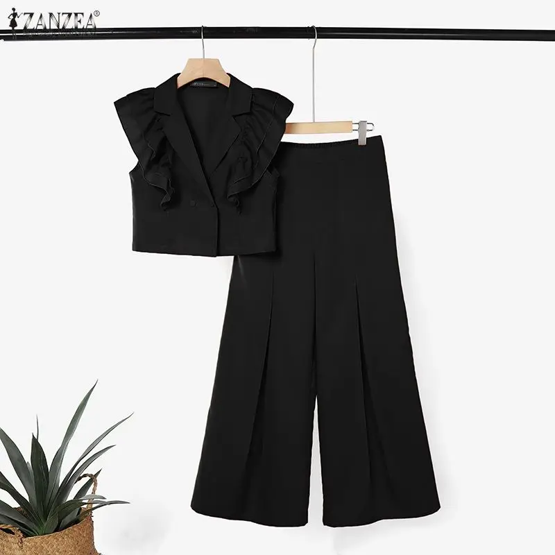 ZANZEA 2PCS Outfit Women's Office Work Lapel Neck Ruffled Sleeve Blouse and Long Pants Sets Elegant Solid Color Suits