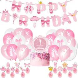 Pink Girl Birthday Party Decorations Ballet Princess Banner Balloon Cake Toppers Little Girl One 1st Birthday Party DIY Babyshow