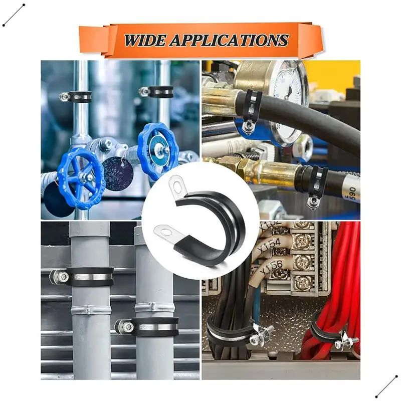 60 قطعة مجموعة متنوعة من مشابك الكابلات، 304 مشابك أنابيب وسادة مطاطية من الفولاذ المقاوم للصدأ R-نوع خرطوم المشبك 7 أحجام متينة وسهلة التركيب #5