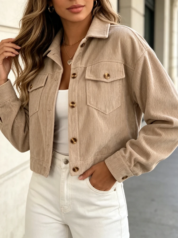 Solid Corduroy Lapel Cropped Shirt Jacket Women 2026 Autumn Long Sleeve Button Down Chest Pockets Casual Streetwear Blouse