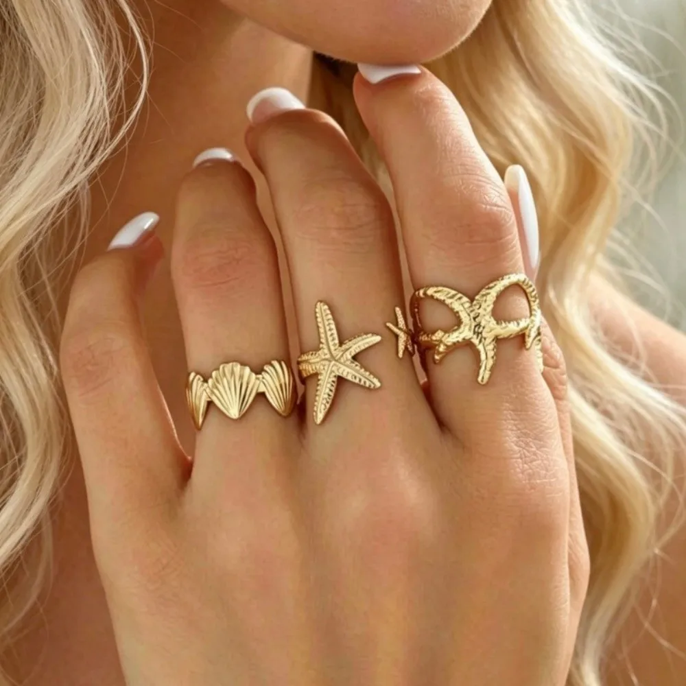 3/5Pcs Vintage Metal Starfish Open Ring Set Gold Color Conch Finger Open Rings Stackable Adjustable Geometric Rings Jewelry