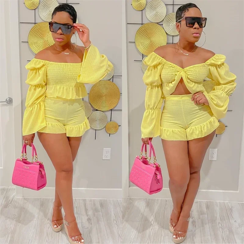

Chic Women Sweet Set Puff Sleeve Crop Tops and Shorts Outfits Solid Stretch Pleated Sexy Summer Girl 2 Two Piece Suit