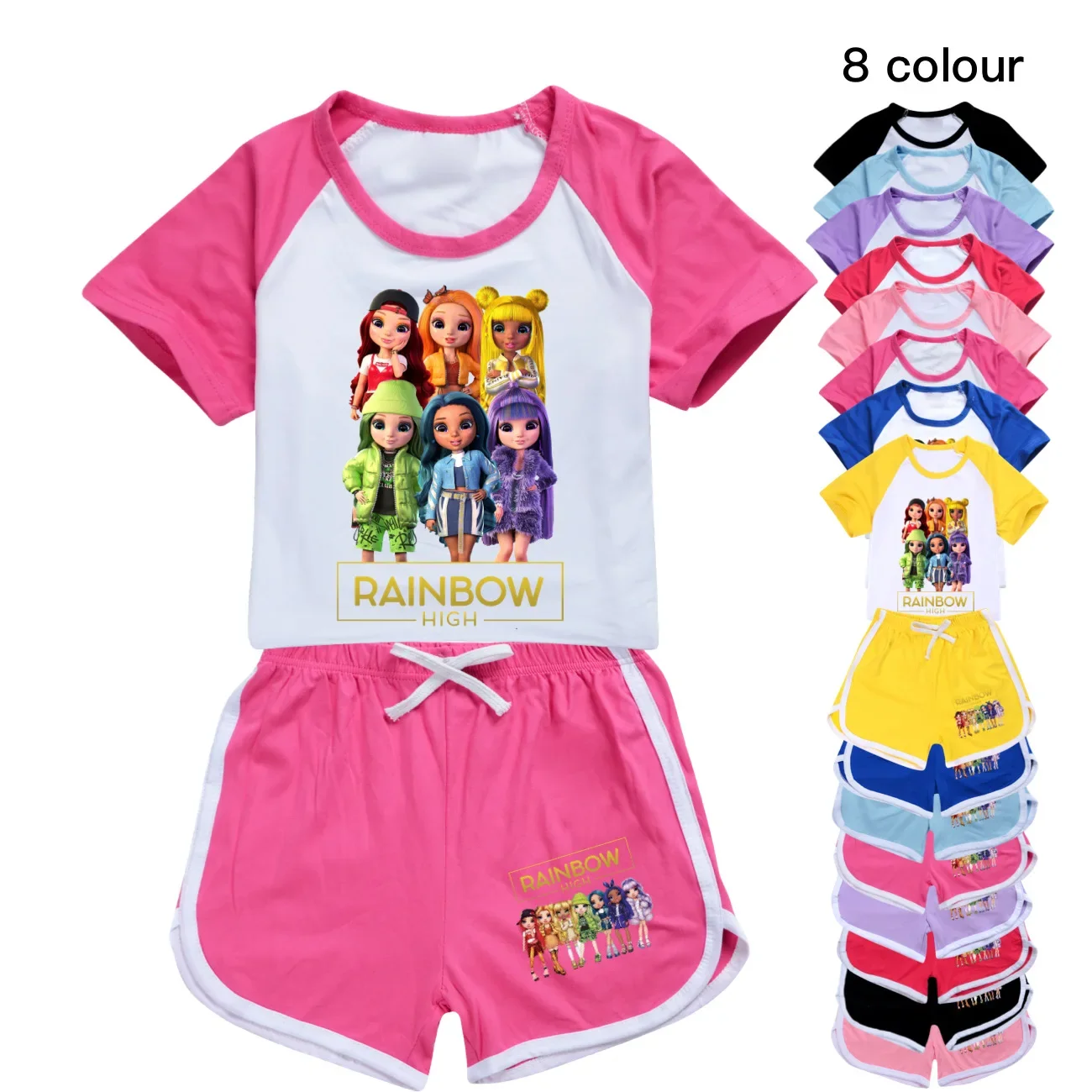 

Kids fashion clothes Rainbow High T-shirt Shorts Casual Sports Suit Kids Clothing Wholesale Baby Girl Tops Set Boys Tshirt 3380