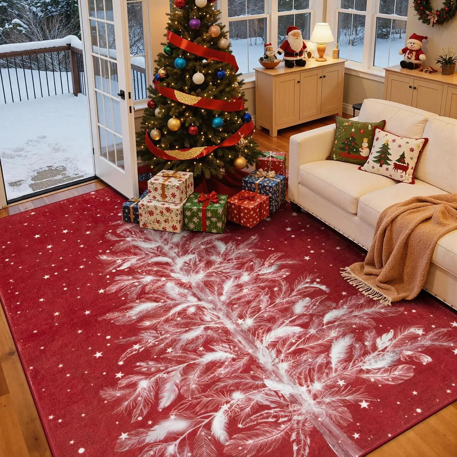 1pc 2D Flat Red Background White Christmas Tree Snow Printed Floor Mat, Decorative Rug for Living Room, Bedroom, Home Decor