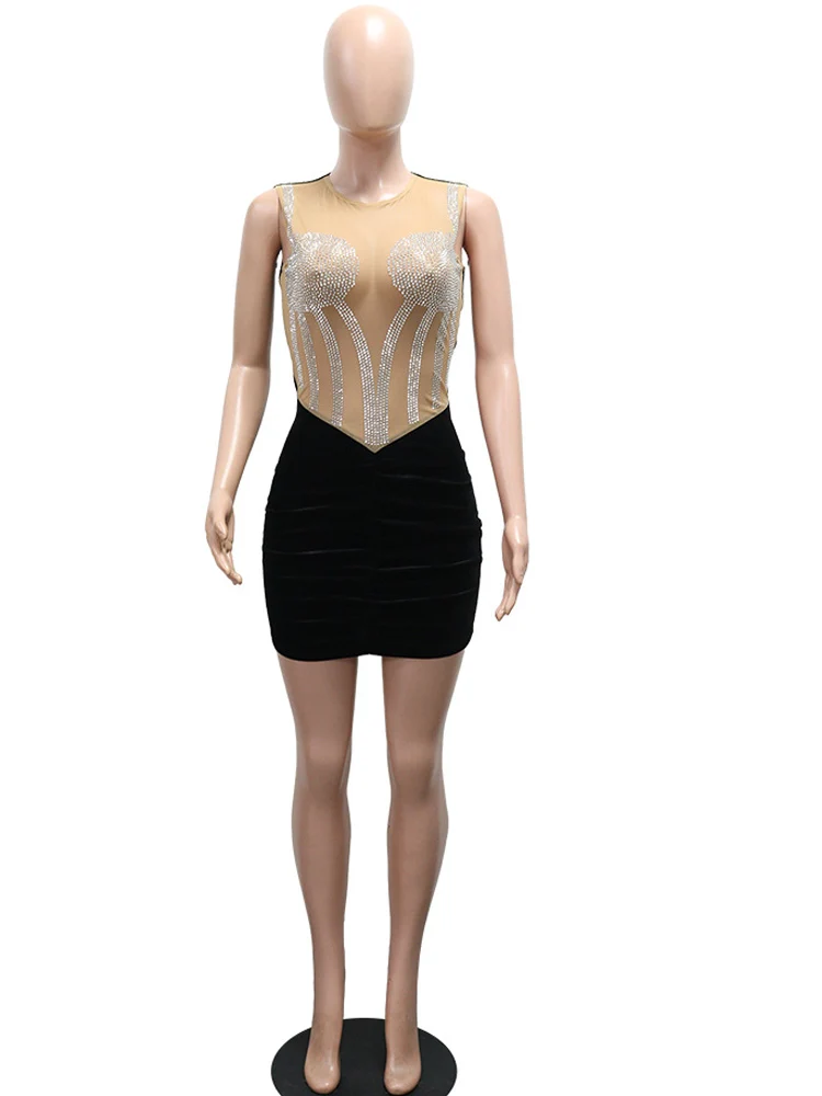 فستان Beyprern مثير للنساء بدون أكمام شبكي من حجر الراين Bodycon فستان قصير جديد شفاف برقبة دائرية سباركلي للحفلات والنوادي المسائية #3