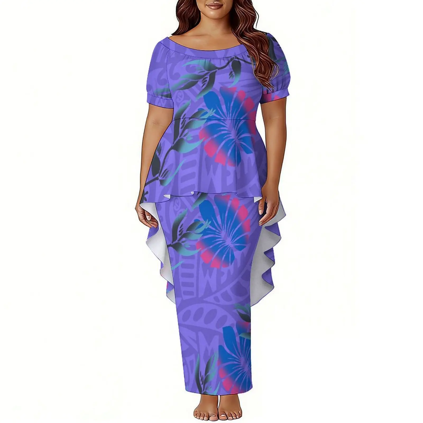 Customized Polynesian Round-Neck Puffed Sleeve Floral Print Art High-Quality Dress Swallowtail Hem Puletasi Women'S Suit Dress