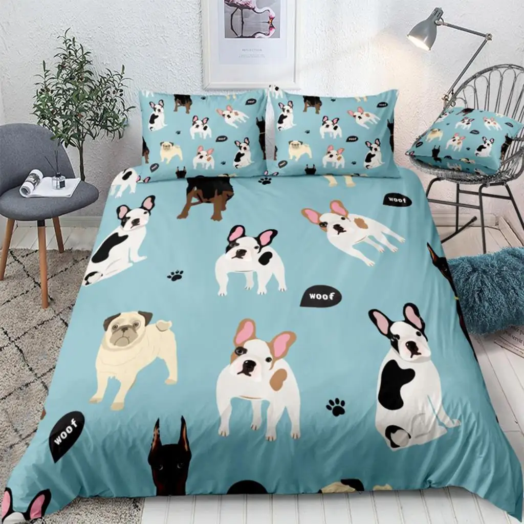 

Dogs Duvet Cover Set Doberman French Bulldog Pug Quilt Cover Animal Queen Home Textiles Pet 3pcs Kids Teen Bed Set Blue Dropship