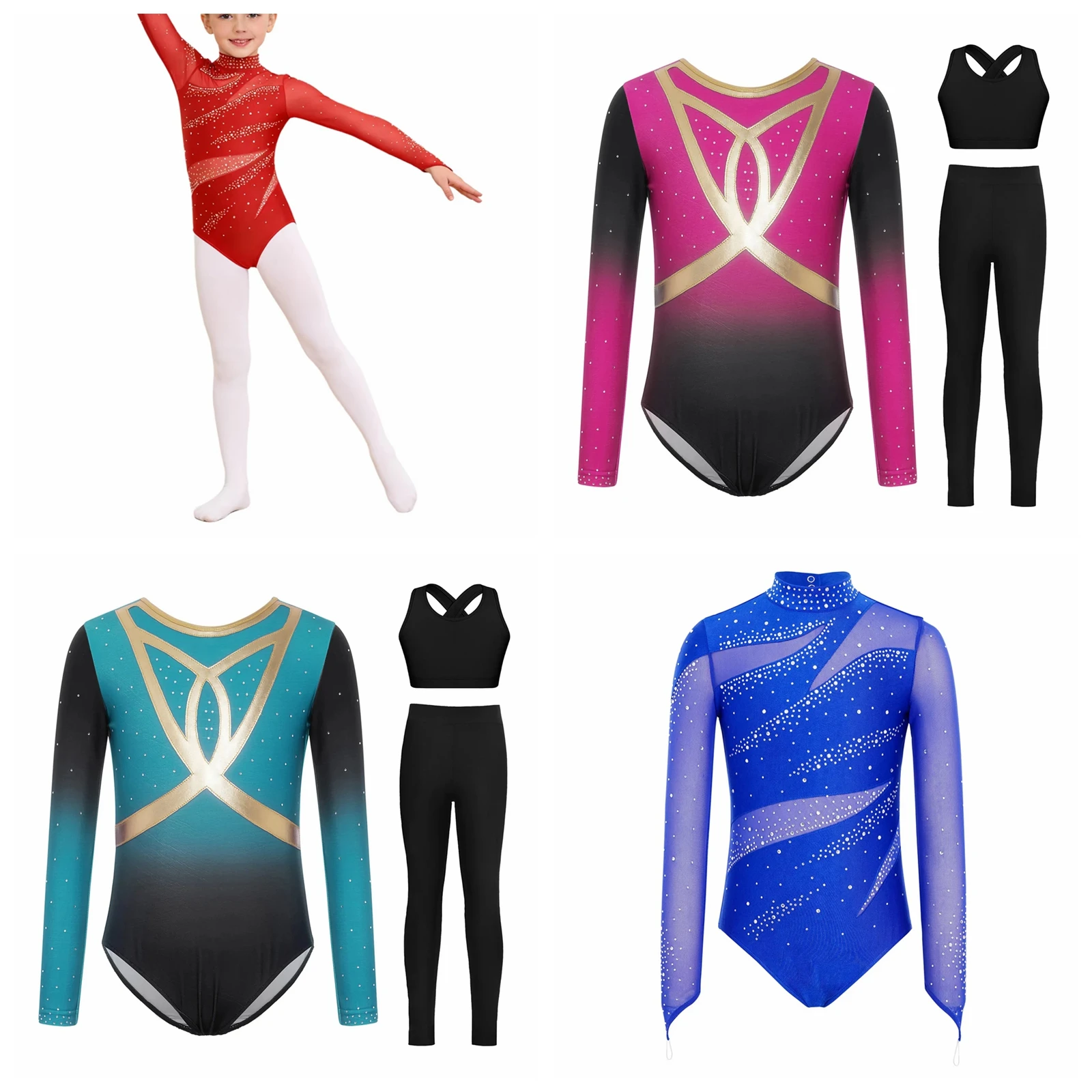 Kids Rhythmic Gymnastics Bodysuit Girls Figure Skating Leotard Children Rhinestone Ballerina Dancewear Ballet Dance Jumpsuit