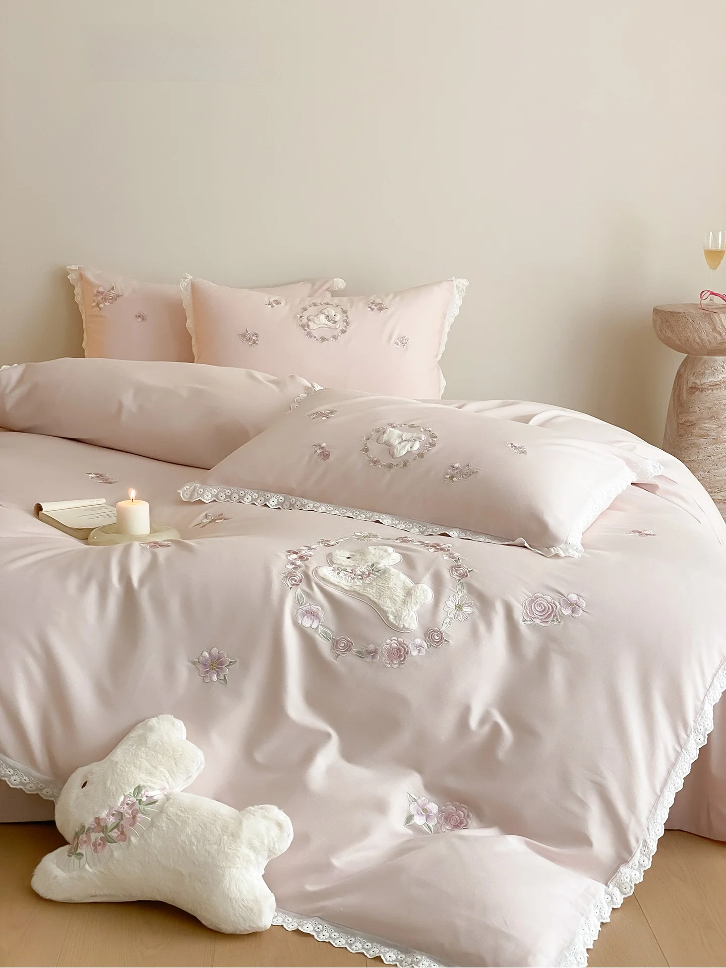 Adorable Pink Cotton Flannel Four-Piece Bedding Set Soft Rabbit Embroidery Warmth Retention Pure Cotton Long Staple Fiber
