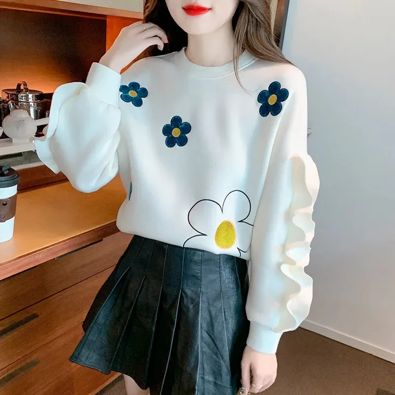 White Sweatshirts Women Ruffles Printing Long Sleeve Sweet Pullover Fashion Casual Loose Pretty Style Tops