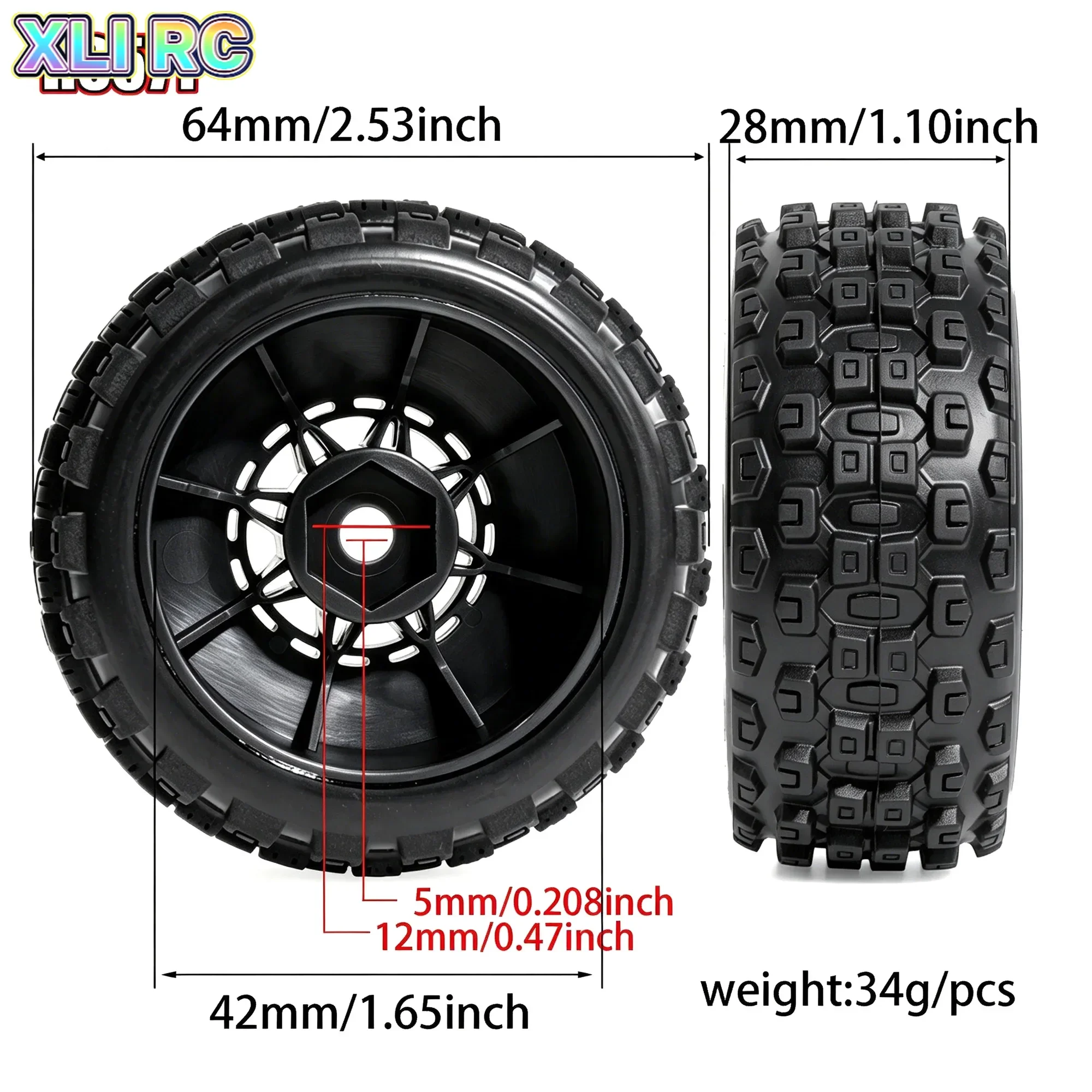 12mm Hex RC Wheels and Tires for MJX Hyper Go 14301 14302 14303, Arrma Mojave Grom, 1/14 1/16 1/18 RC On/Off-Road Racing Car