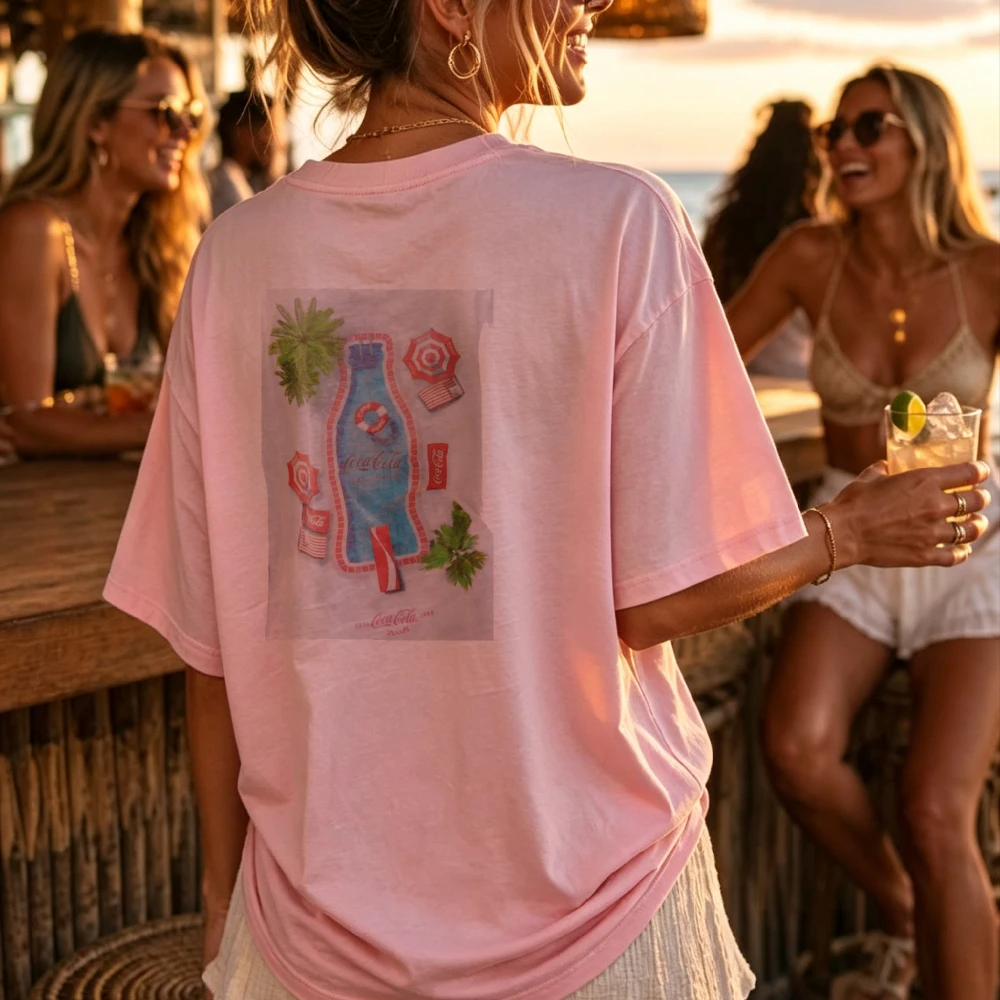 Retro Tropical Beach Coke Print Women Slouchy Basic Tshirt Seaside Picnic Outfit Thin Daily Top Women Holiday Surprise Present