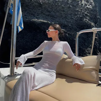 Fashion Women Wrapped Dress Long Sleeve Round Neck See Through Sunscreen Solid Color Backless Beach Long Dress Summer Cover Up 6 Fashion Women Wrapped Dress Long Sleeve Round Neck See Through Sunscreen Solid Color Backless Beach Long Dress Summer Cover Up 6