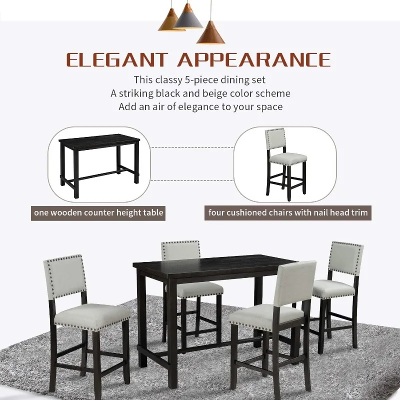 Juego de mesa de comedor de altura de mostrador de madera con 4 sillas acolchadas con ribete de cabeza de Nailhead para cocina, desayuno Nook, Bar