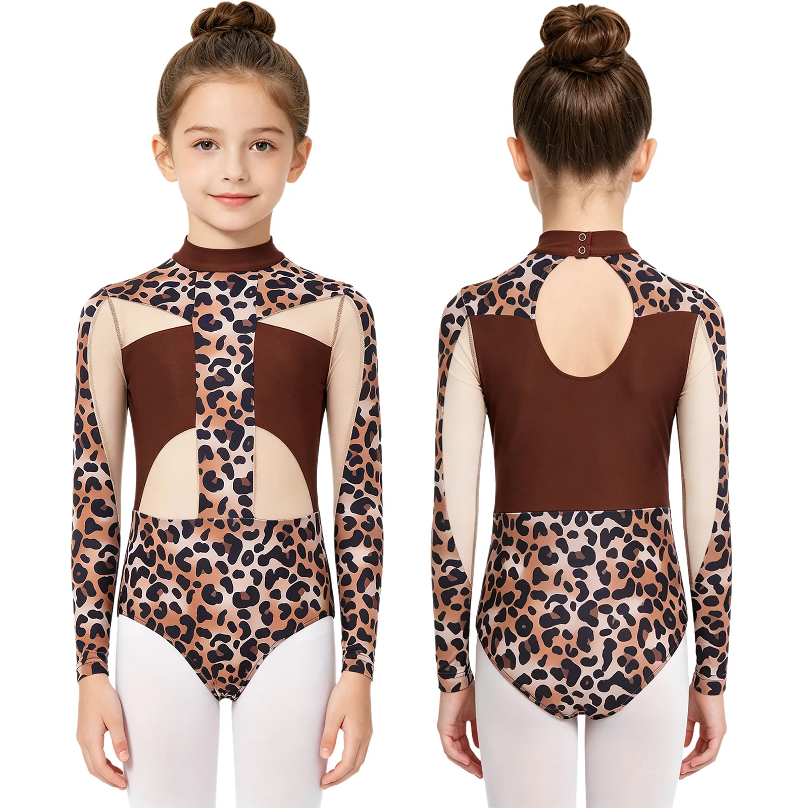Kids Girls Ballet Dance Gymnastics Figure Skating Acrobatics Bodysuit Long Sleeve Printed Sheer Mesh Patchwork Yoga Leotard