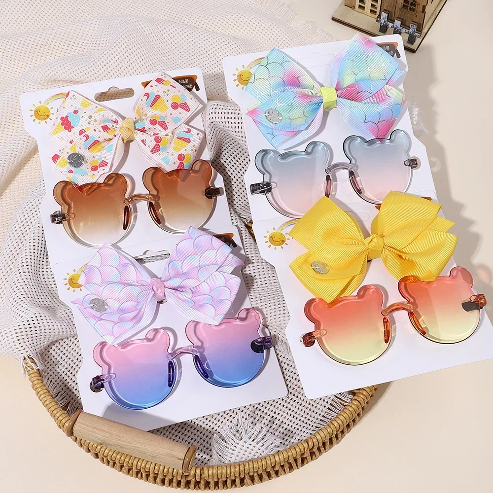 

2Pcs/Set Cartoon Bowknot Hairclip Glasses Set 4.5" Big Bow Hairgripes for Kids Fashion Little Bear Glasses Gift Hair Accessories