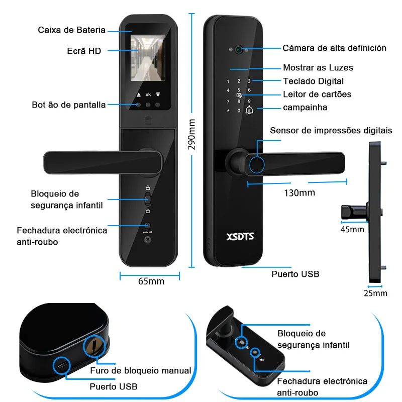 XSDTS Tuya WiFi Câmara Electronic Smart Door Lock, Impressão digital biométrica, Smart Card, Senha, Desbloqueio com chave, USB Emergency Charge