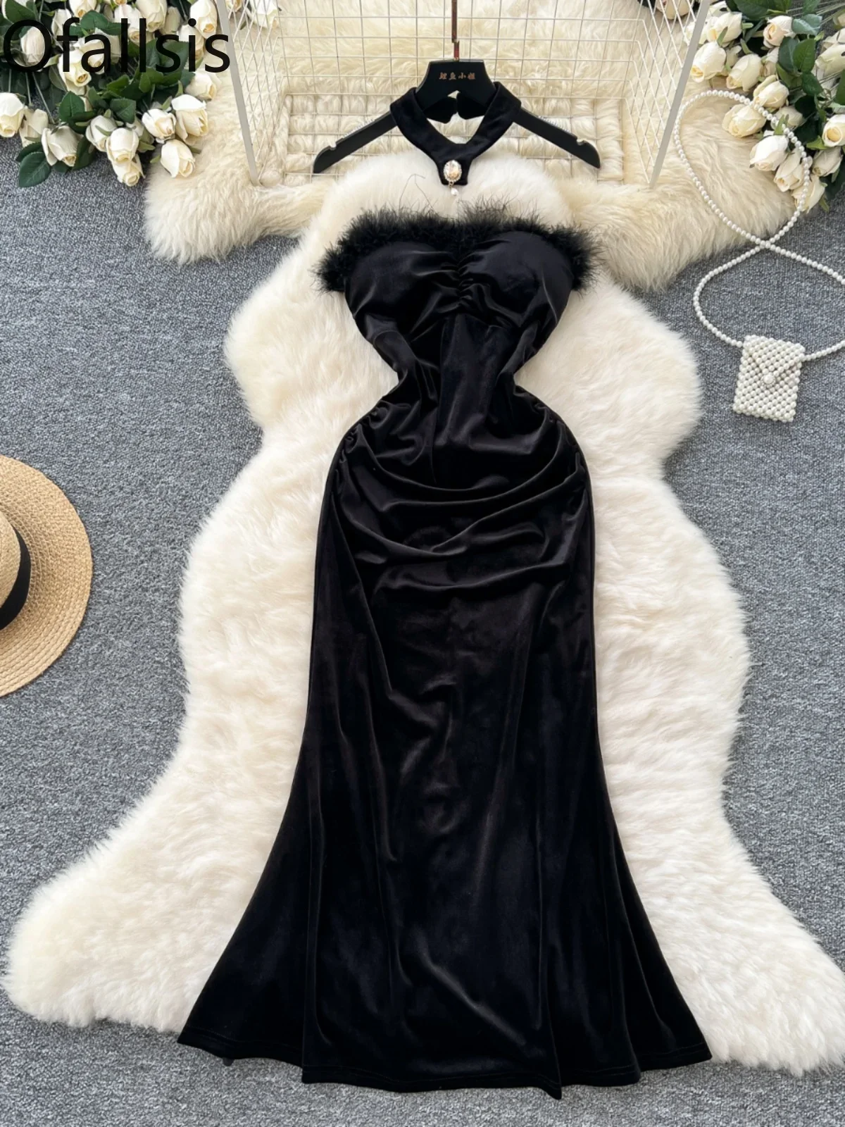 Ofallsis High End Elegant Black Dress Socialites Female 2024 Summer New Sexy Fur Patchwork Waist Slimming Strapless Velvet Dress