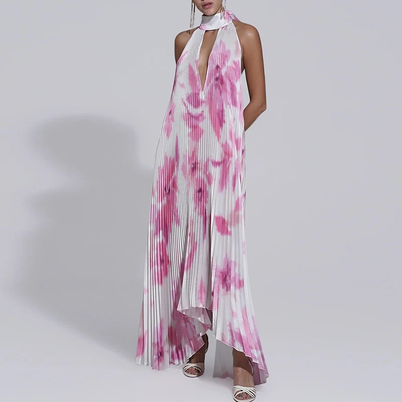 New Women Pleat Draped Irregular Long Dress Ethnic Vintage Off Shoulder Hem Dress Casual 2024 Hollow Out Halter Printed Dresses