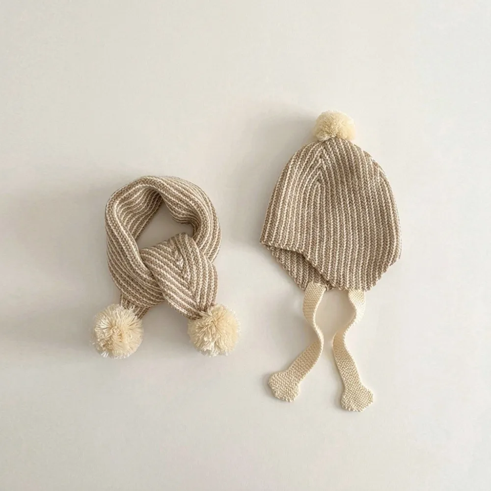 2Pcs/Set New Stripe Children Hat Scarf Set Vintage Ear Protection Knitted Pom Pom Hat Soft Warm Neck Warmer School