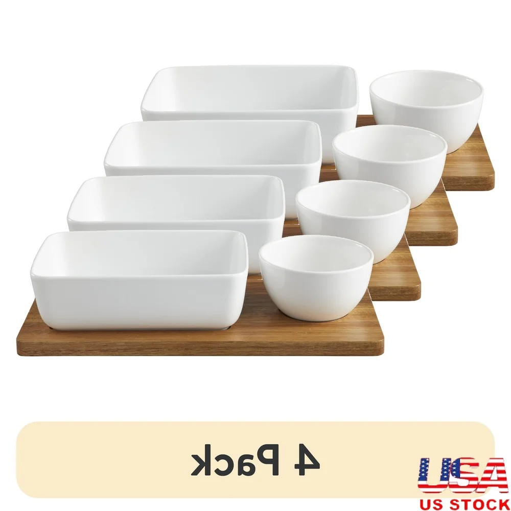 

4 Pack Ceramic Chip Dip Bowl Set with Acacia Serving Tray Smooth Scratch Resistant Design Perfect Snacks Parties Appetizers