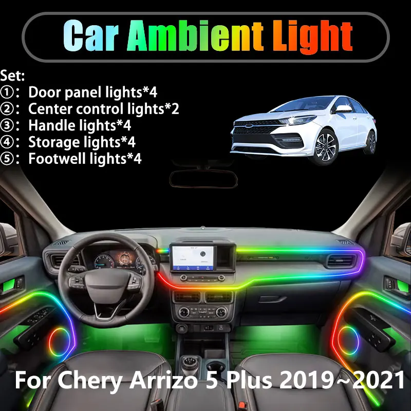 

Для Chery Arrizo 5 Plus 2019 ~ 2021 Arrizo 2/18 в 1, автомобильное окружающее освещение, светодиодные внутренние светодиодные фонари багажника, USB RGB Ensemble Streamer