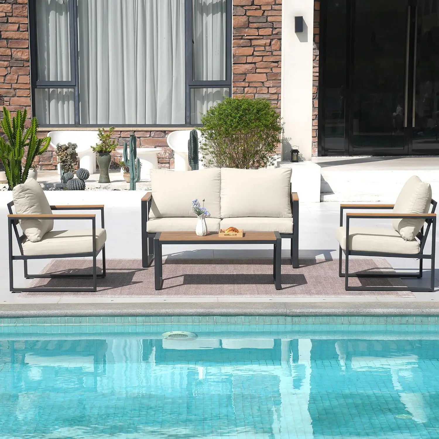 4 Pieces Metal Patio Furniture Set for Outdoor Balcony, Beige 350LBS,With Coffee Table,Removable Cover,Water-Resistant