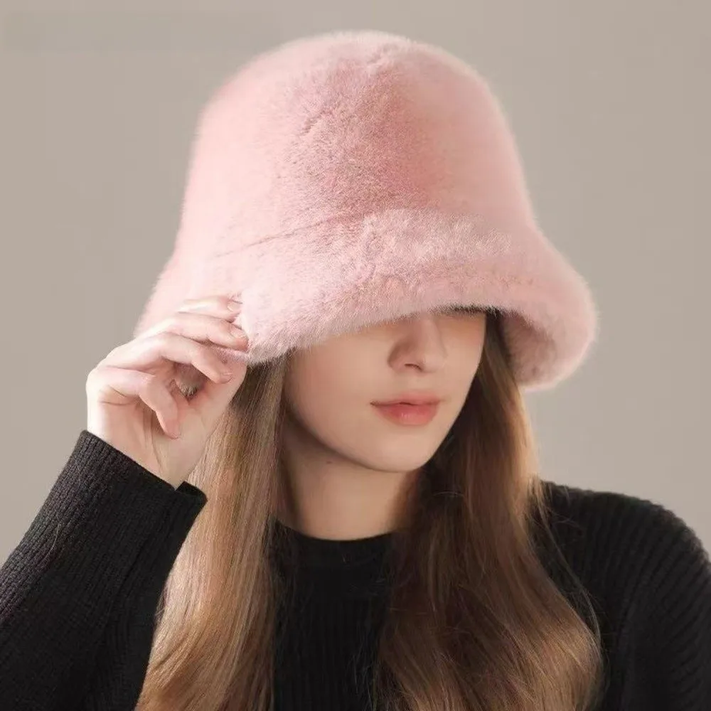 

Casual Fluffy Fur Fisherman Hat Plush Windproof Female Panama Cap Winter Warm Ear Protection Solid Bucket Hat