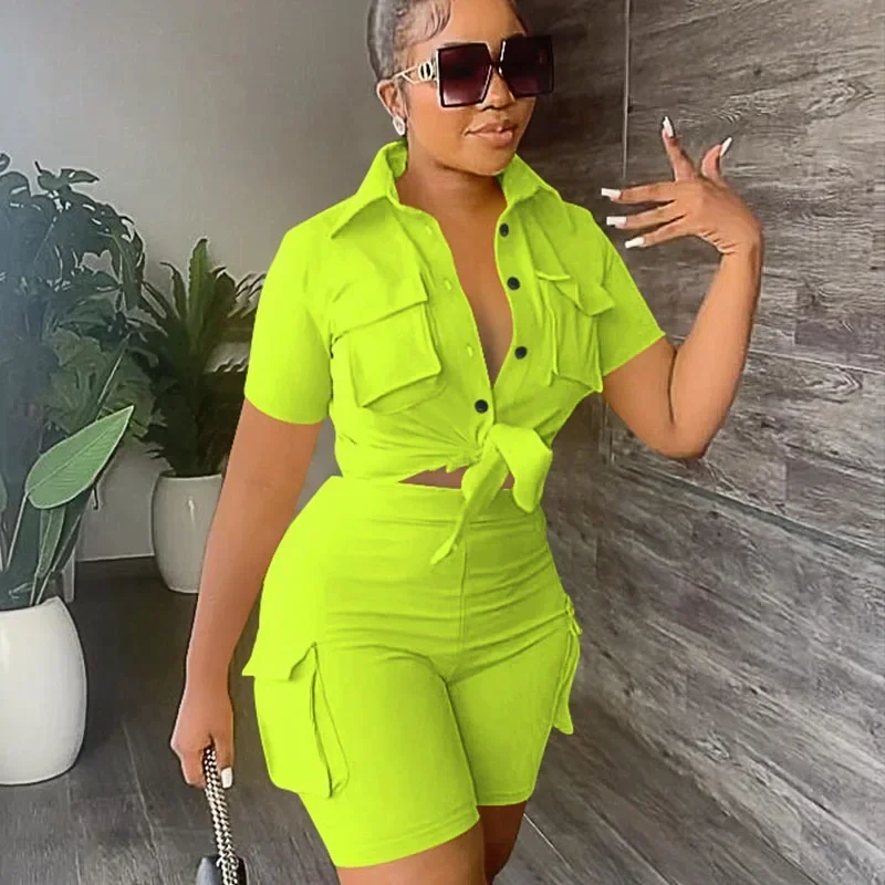 

Уличная одежда, комплект из двух предметов для женщин, летние наряды, рубашка на пуговицах с короткими рукавами и карманами, топ, короткие комплекты, одинаковые комплекты для вечеринок и клубов