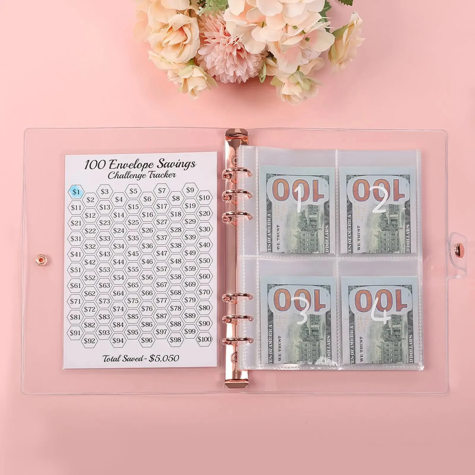 Imagem -06 - Double-sided Money Saving Book a5 Rose Gold Bolso 100 Slots Pasta de Recheio Envelope para Fotos Trading Cards