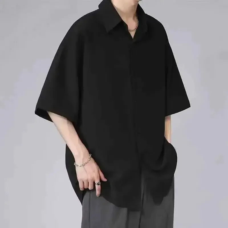 Summer Shirt Men's Trendy Versatile Black Thin Ice Silk Short Sleeve Loose Casual Jacket Lining Clothes