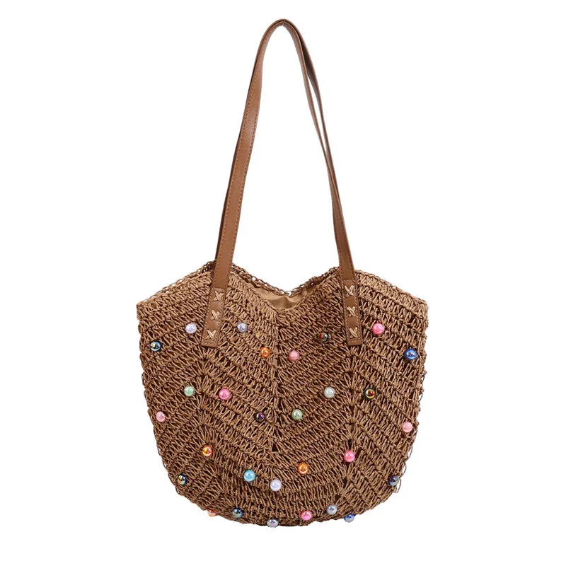 

Summer Seaside Vacation Style Colorful Bead Grass Woven Bag Women Tote Bag Large Capacity Single Shoulder Commuting Woven Bag