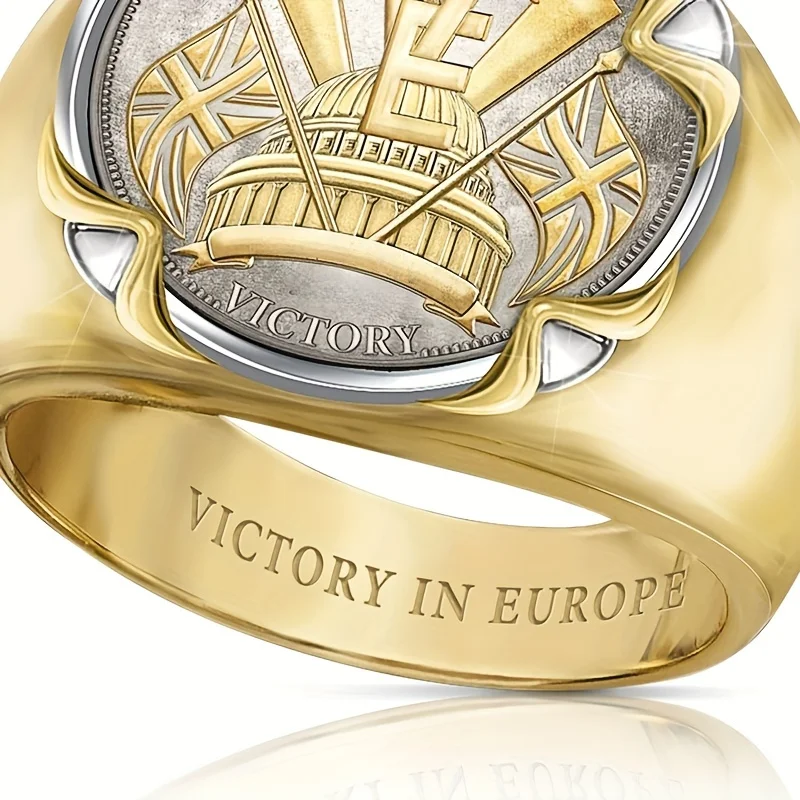 2024 New Luxury Men‘s 18K Gold Plated Flag of England Rings Two Tone Carved Seal Victory Anniversary Ring Jewelry Gift