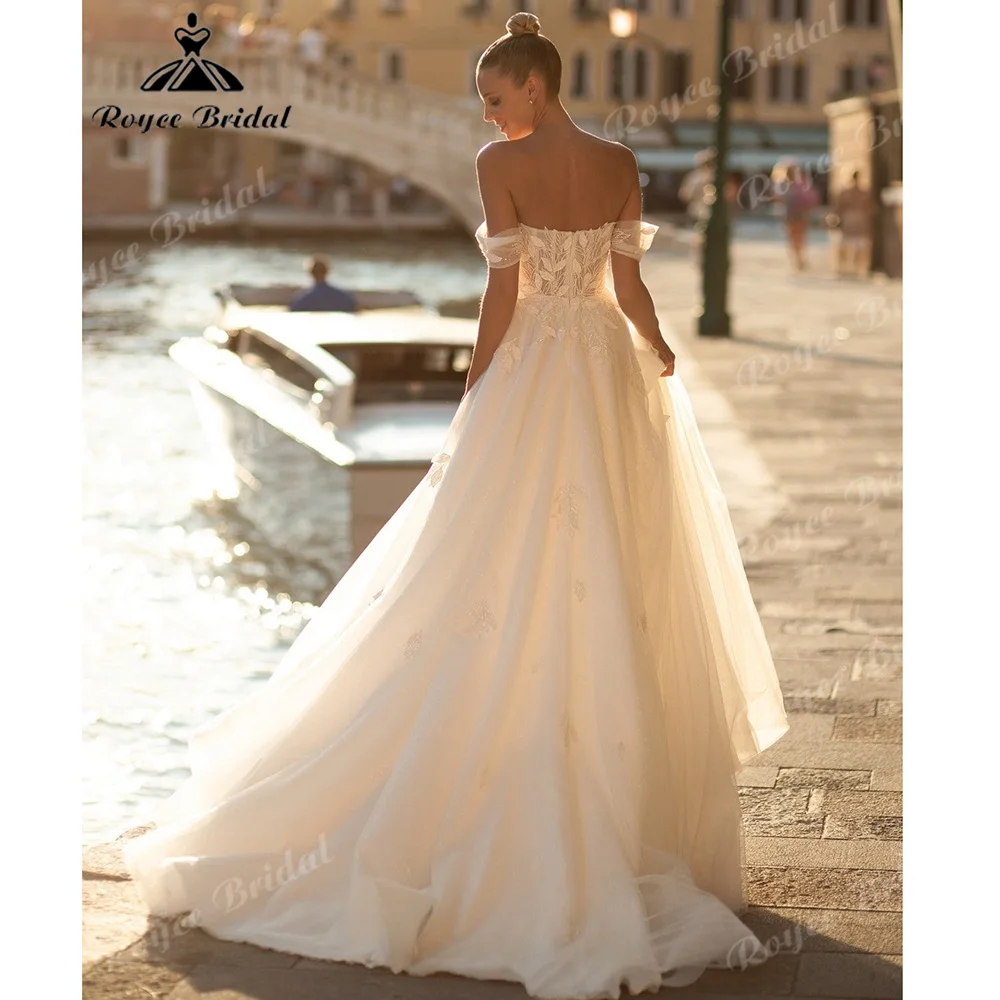 Off The Shoulder Wedding Dress 3D Leaf Lace Appliques Sparkle Tulle A Line Sweetheart Sheer Bodice Vestido De Novia Customized