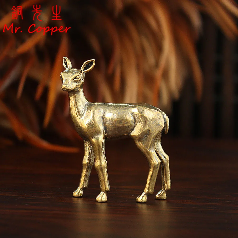 Brass Sika Deer Small Statue Vintage Animal Model Miniatures Figurines Desktop Decorations Crafts Home Decor Ornaments Tea Pets