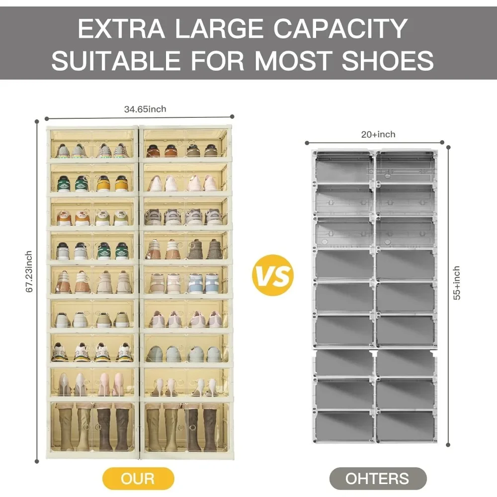 9 Tiers Foldable Shoe Rack Organizer for Closet with Wheels, 36Pairs Plastic Collapsible Shoe Shelf for Front Door Entrance