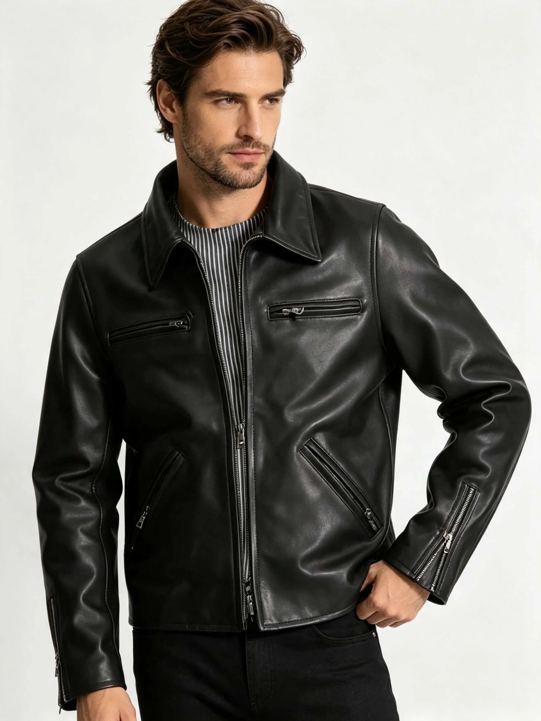 Black Autumn Leather Jacket Men Retro Style Plus Size 5XL Genuine Natural Sheepskin Turn-Down Collar Smart Casual Coat
