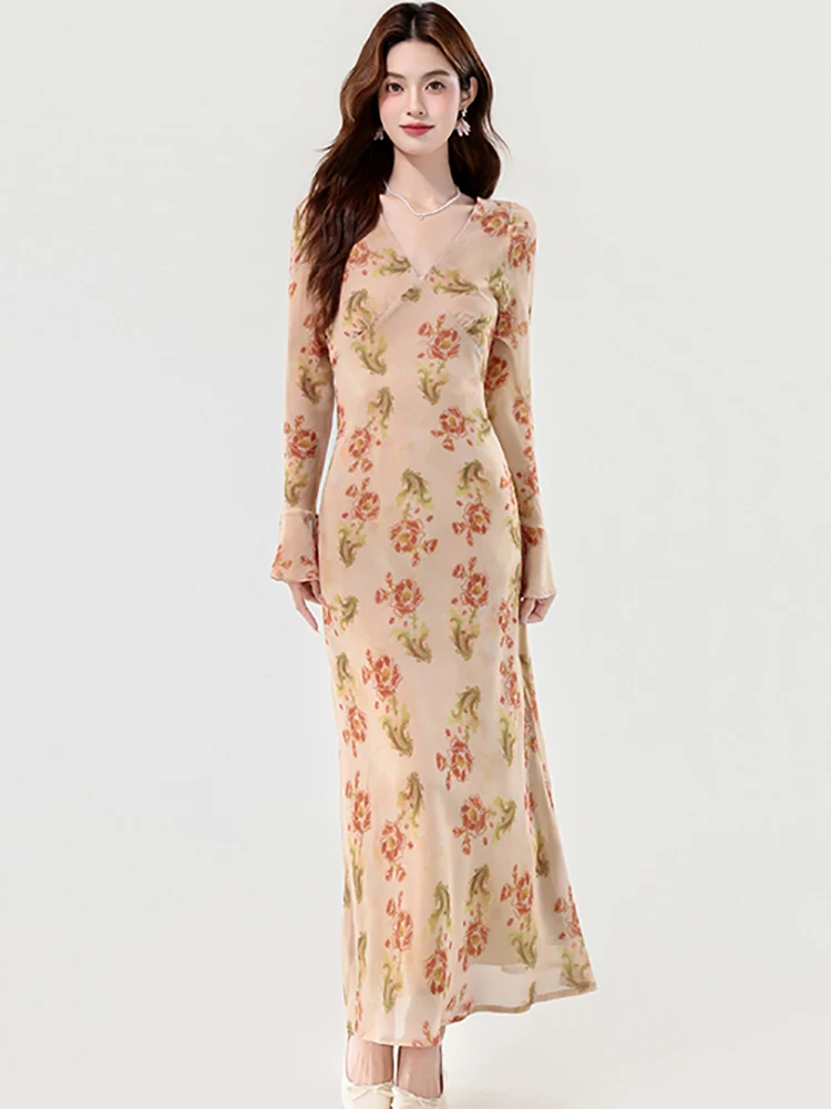 2025 Boho Floral Chiffon Long Sleeve V-Neck Dress Women Elegant Chic Ruffled Long Dress Autumn Korean Fashion Bodycon Prom Dress