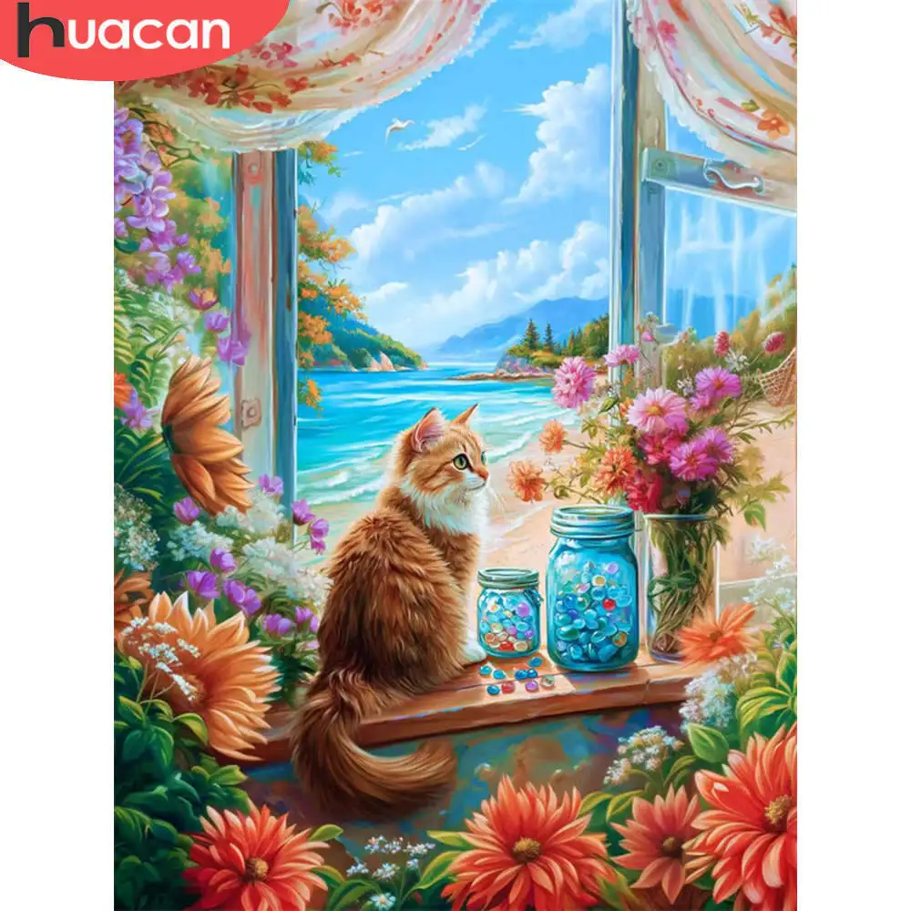 Huacan Diamant Malerei Katze Herbst Tier Komplette Kits Diamant Mosaik Meer Landschaft Strass Blume Wand Dekor