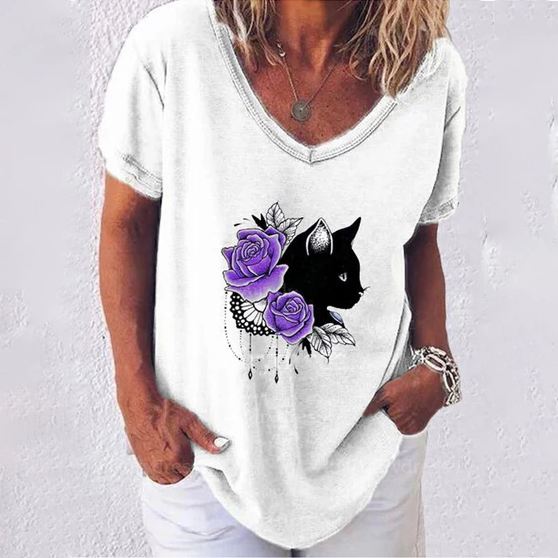 Mode Frau Blusen 2022 T-shirt frauen 3d Katzen Druck Schwarz Kawaii V-ausschnitt T Shirt Weibliche Kleidung Übergroßen Sommer Tops tees